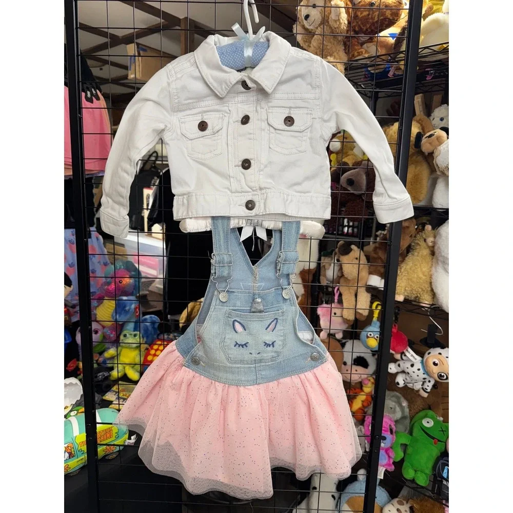 OshKosh B'gosh 2T Unicorn Tulle Jumper Dress + White Denim Jacket Outfit Set